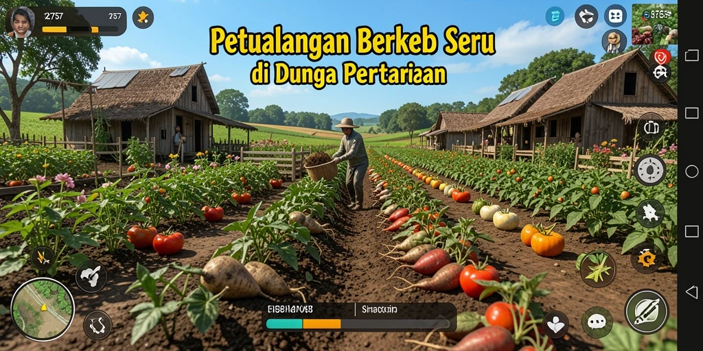 Screenshot dari gameplay 2757 yang menunjukkan kebun yang indah dan hewan peliharaan.