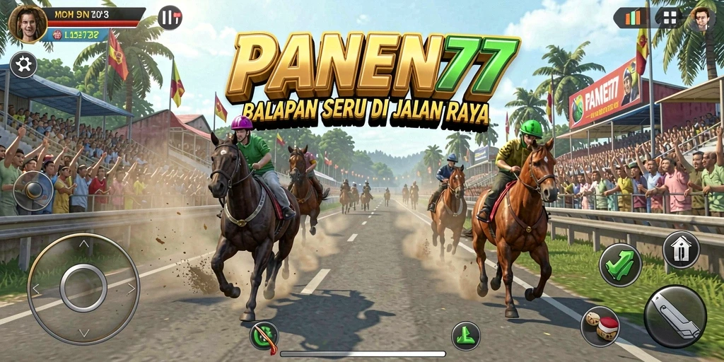 Screenshot utama PANEN77 menunjukkan aksi balapan yang mendebarkan.