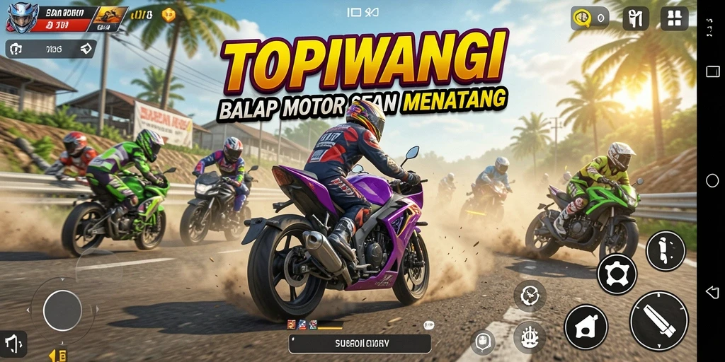 Screenshot gameplay <strong>TOPIWANGI</strong> menampilkan aksi balap motor yang mendebarkan.