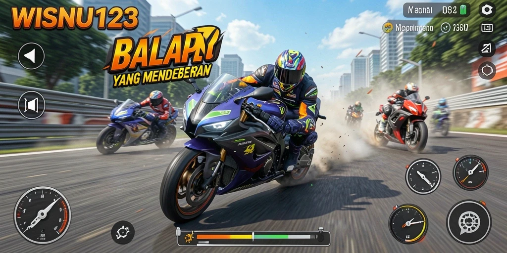 Gameplay seru balap motor di WISNU123 dengan berbagai trek.